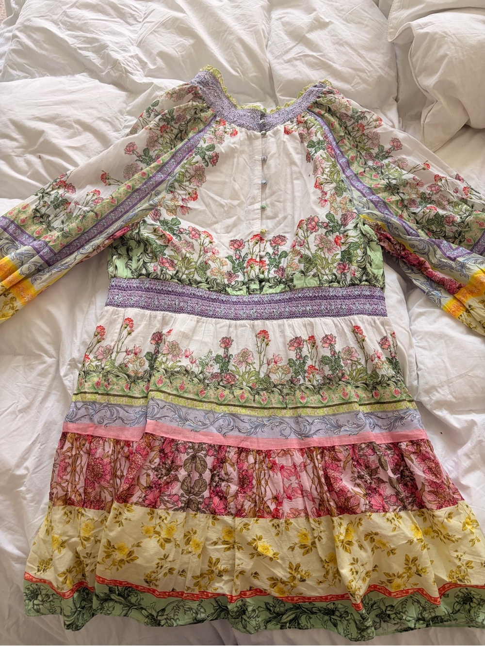 Alice + Olivia White Floral Tiered Dress with Pink, Green & Yellow Accents - Picture 2 of 3